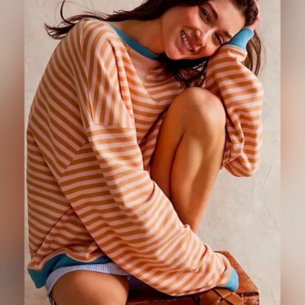 FREE PEOPLE Classic Striped Orange Latte Combo Sweater Medium *Retired* NWT$98